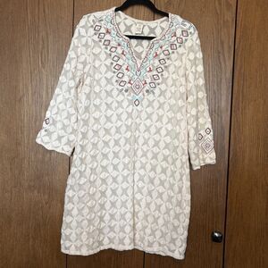 Sundance Women Global Chemise Beaded Dress Embroidered, M, Cream, w/Slip